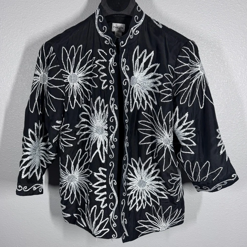 Chico’s Women's Silk Jacket w/Silver Floral Embroidery – Open Front, 3/4 Sleeves